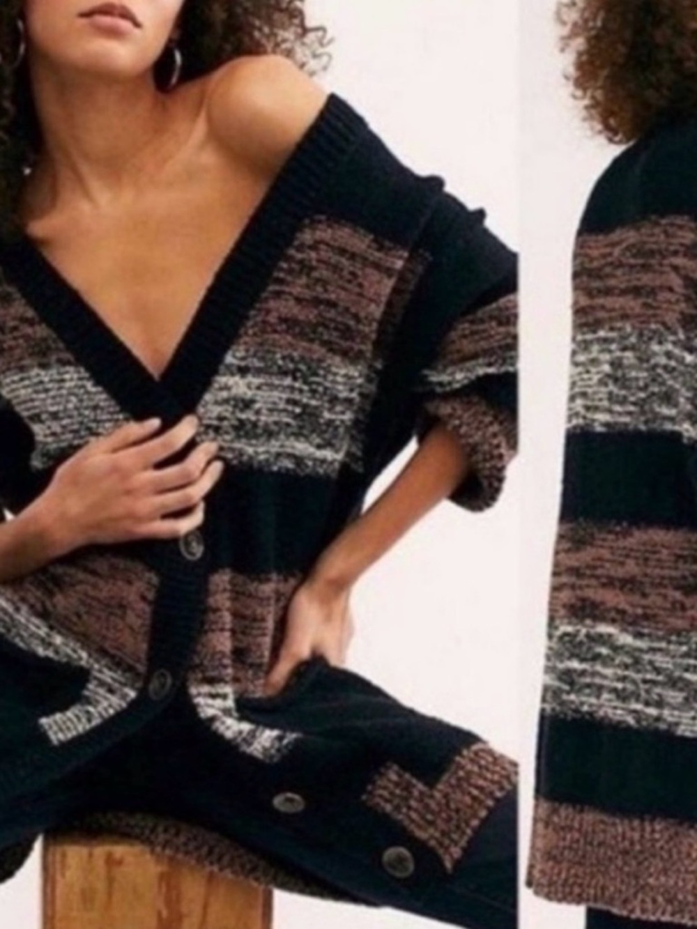 Free People Southport Beach Cardigan Black Mauve Color-Block Striped Oversized - Picture 2 of 7